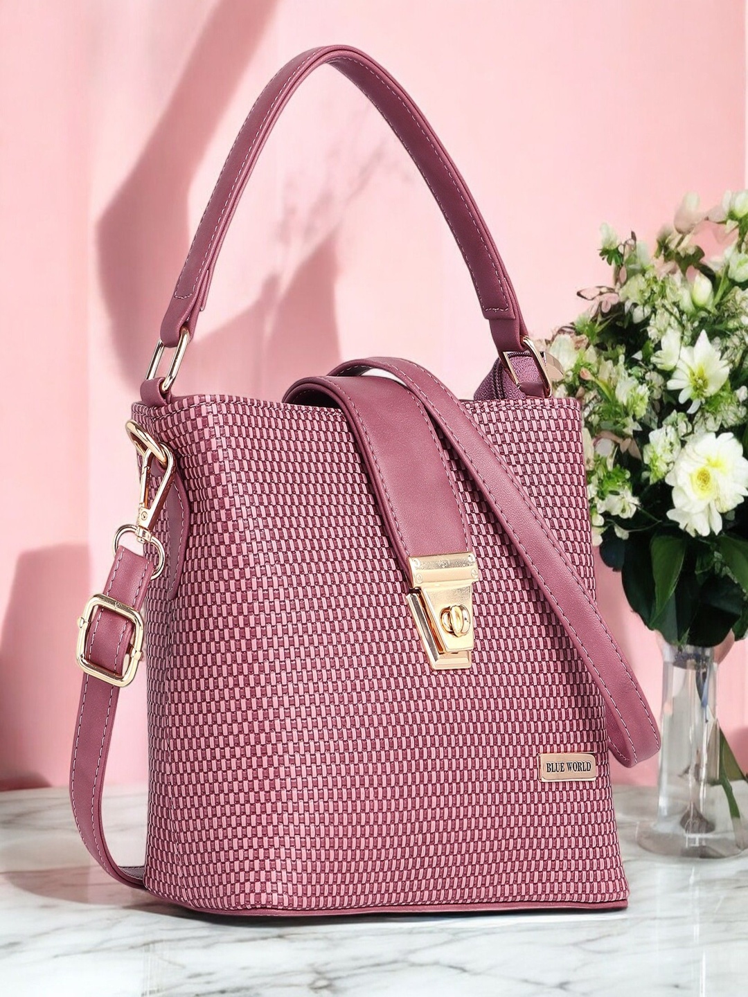 

BLUE WORLD Checked PU Sling Bag, Pink