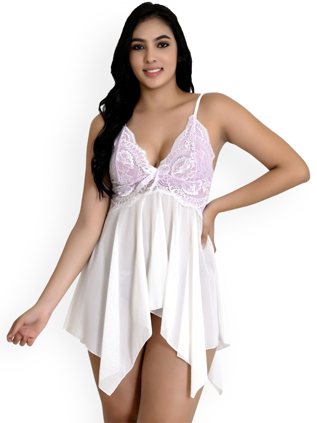 

chia fashions Women Net Baby Doll with Asymmetric Hem, White