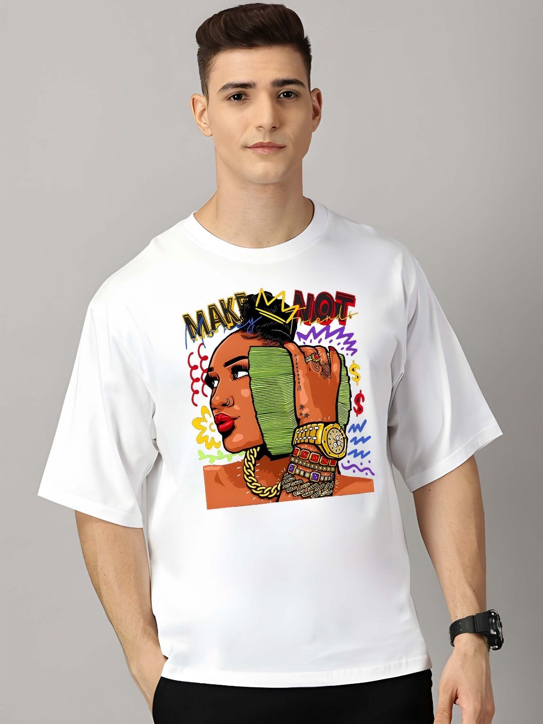 

BOWLIFESTYLE Men Graphic Printed Round Neck Cotton Oversized T-shirt, White