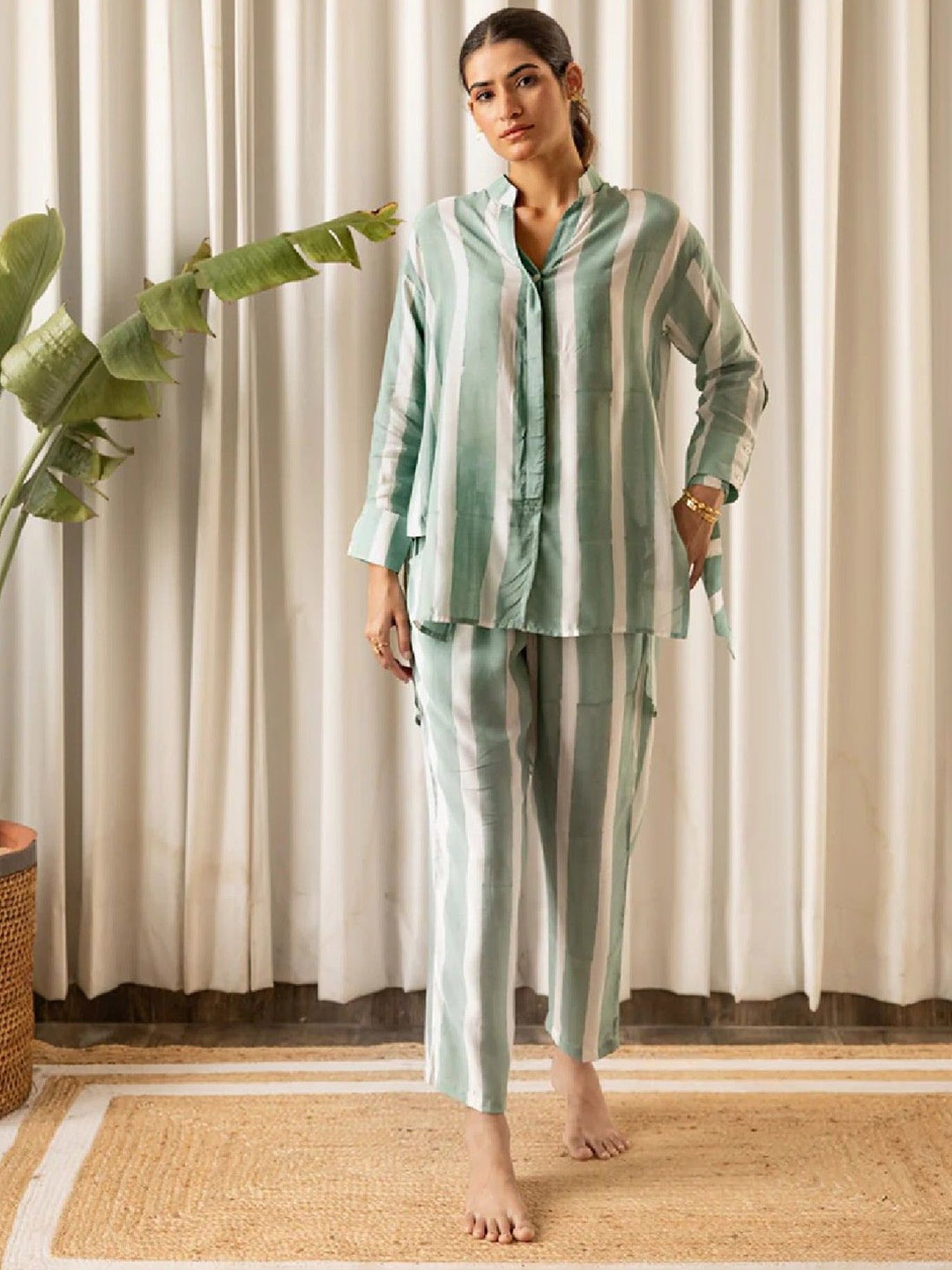 

Acriine Striped Mandarin Collar Pure Cotton Tunic With Trouser, Sea green