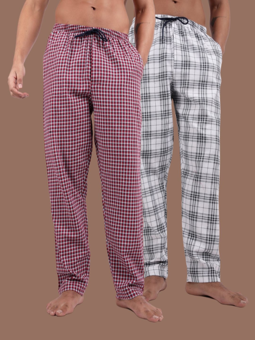 

Kryptic Men Pack Of 2 Checked Pure Cotton Lounge Pants, Maroon