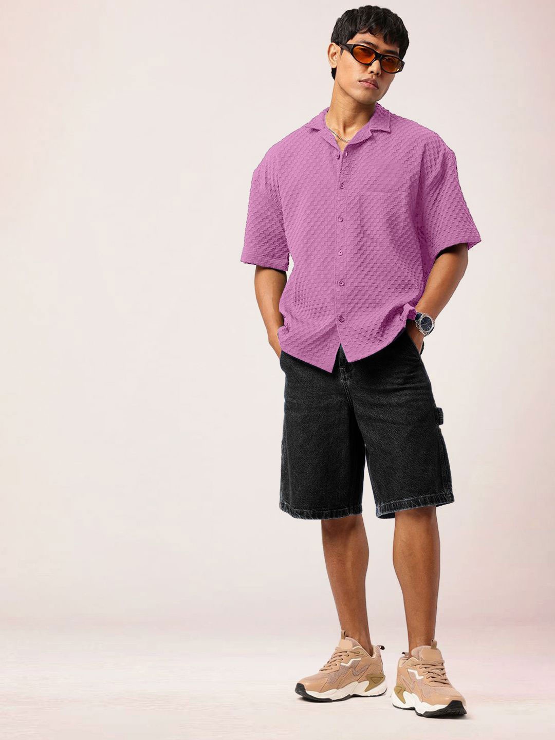 

SZN Men Standard Relaxed Fit Cuban Collar Textured Casual Shirt, Purple