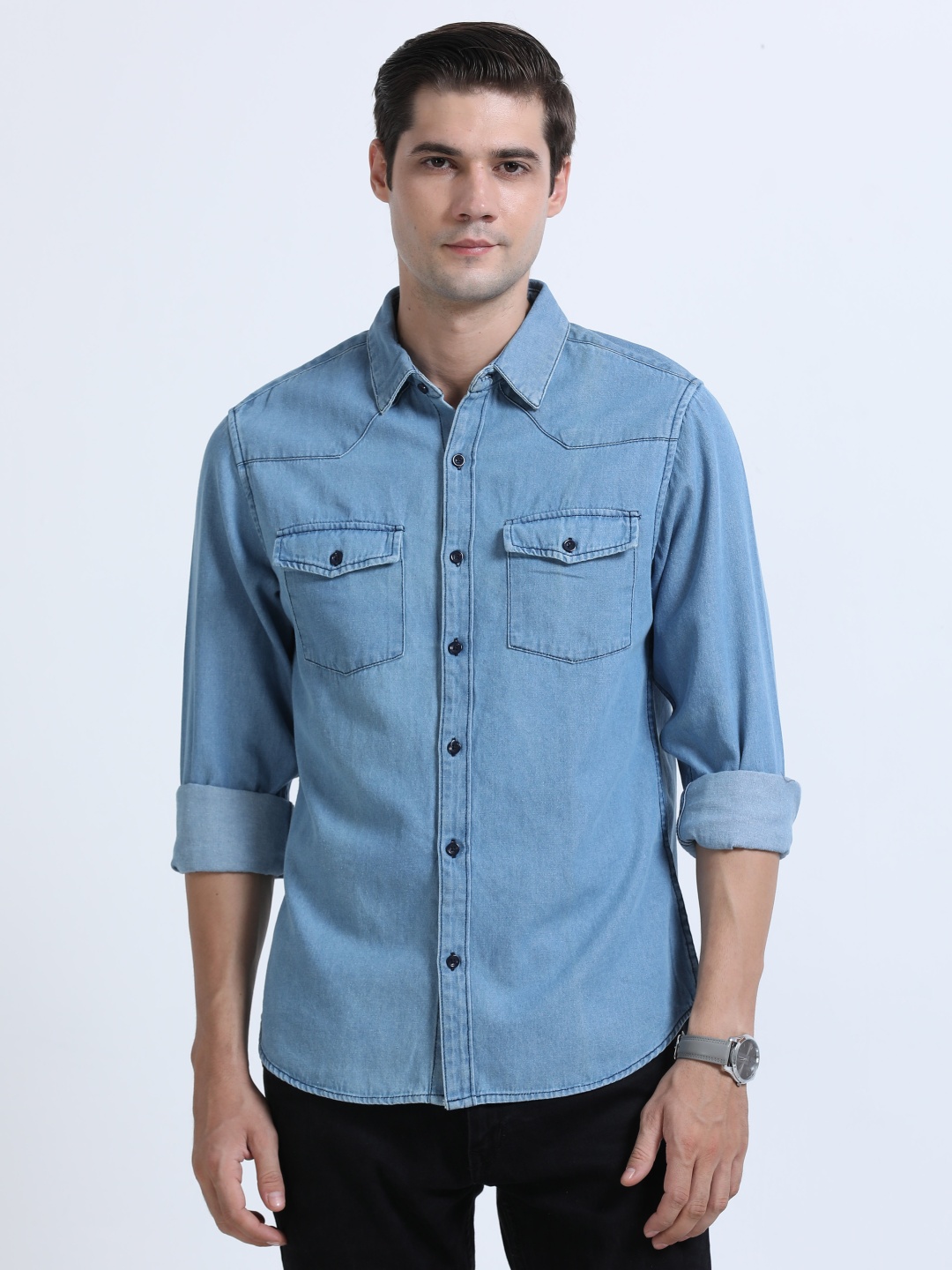 

Mast & Harbour Men Comfort Pure Cotton Spread Collar Long Sleeves Shirt, Blue