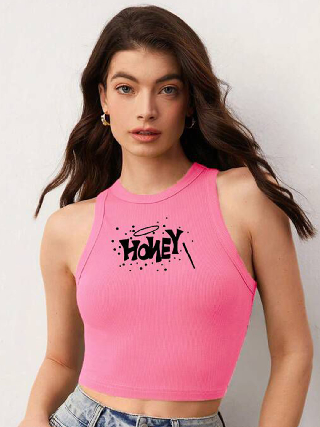 

The Roadster Lifestyle Co Printed Sleeveless Stretchable Crop Top, Pink