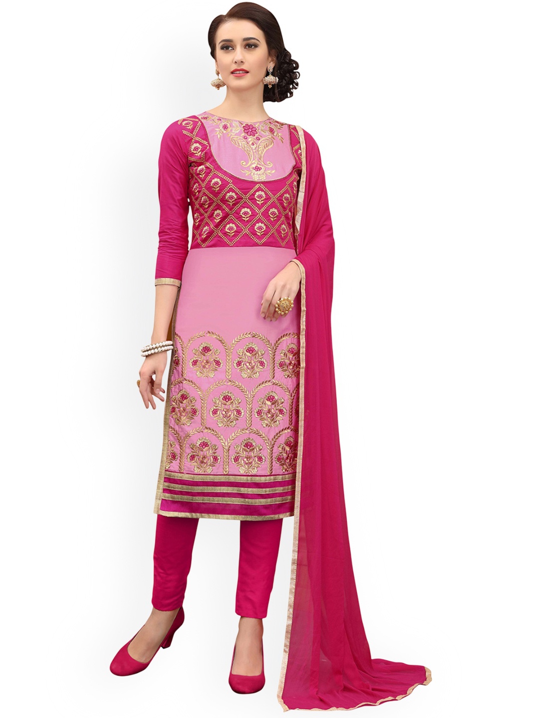 

HERE&NOW Floral Embroidered Unstitched Dress Material, Pink