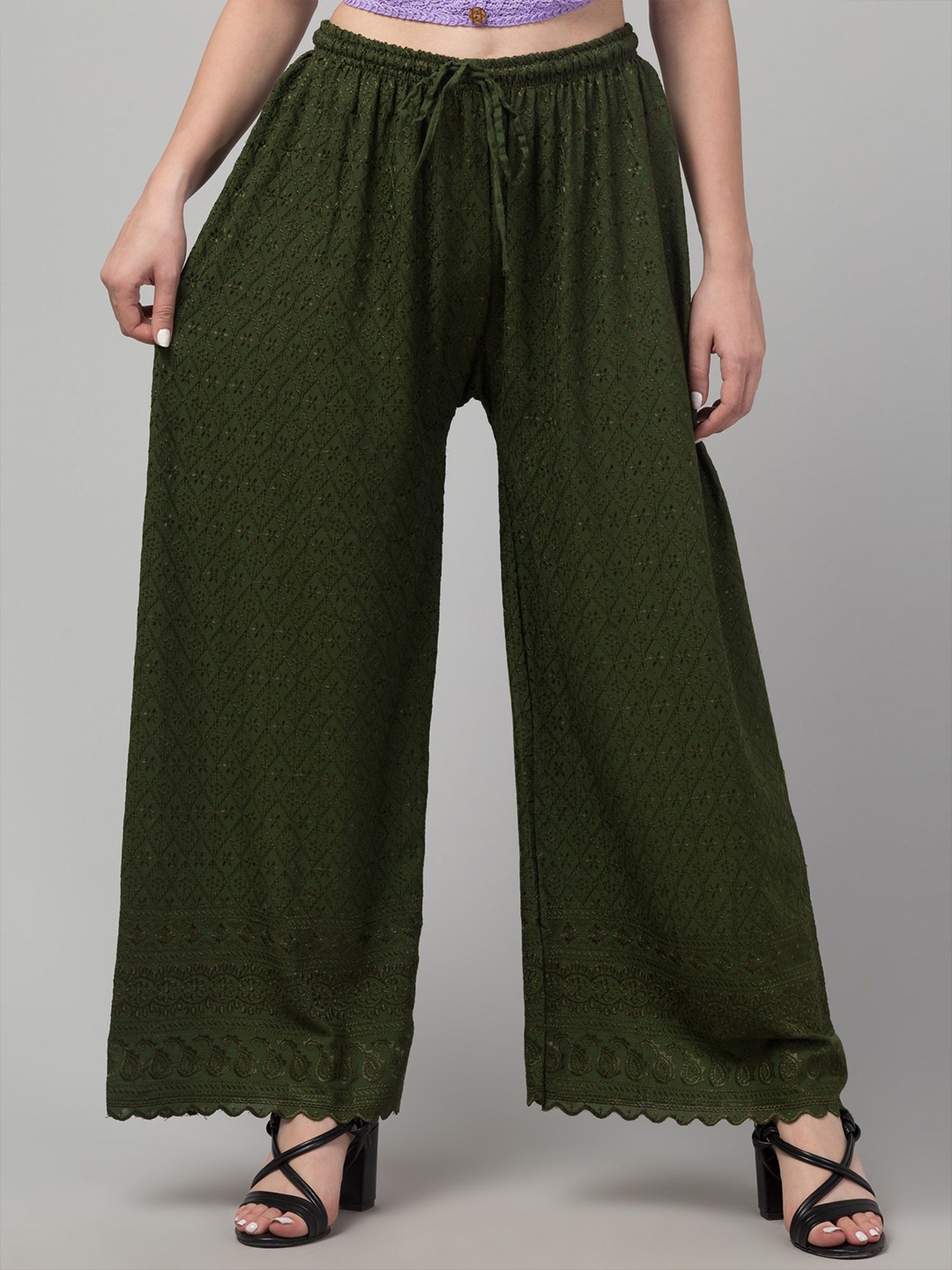 

FAMBEE Women Embroidered Flared Knitted Palazzos, Green