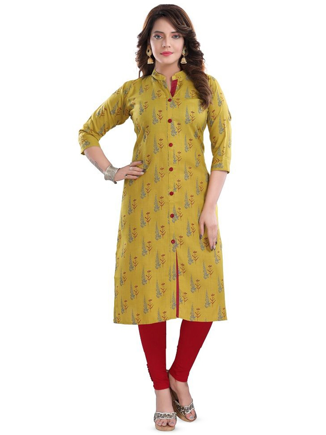 

DREAM & DZIRE Floral Printed Mandarin Collar Cotton Straight Kurta, Green
