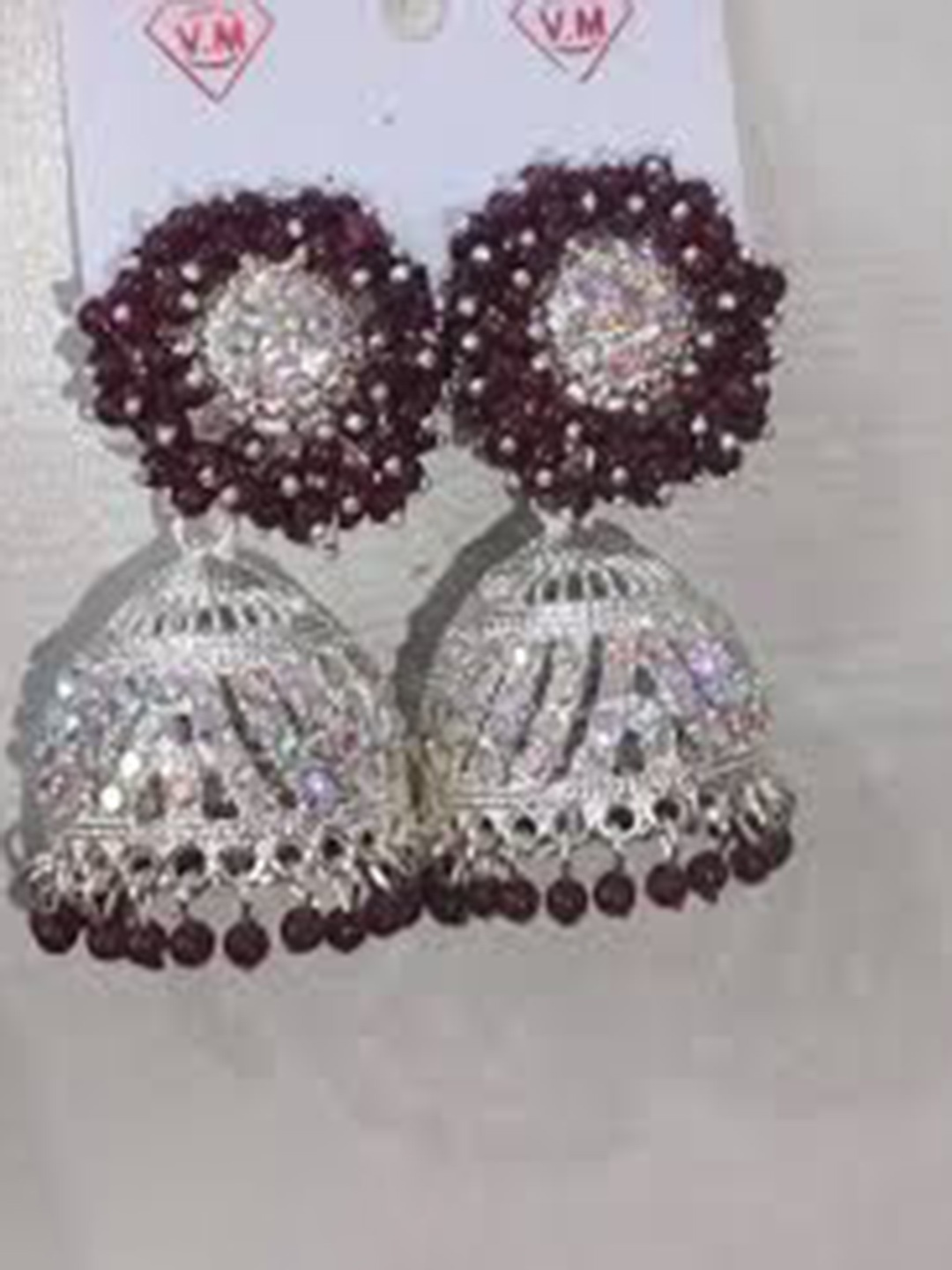 

JMBW INTERNATIONAL Sterling Silver Artificial Stones Studded And Beaded Dome Shape Jhumkas