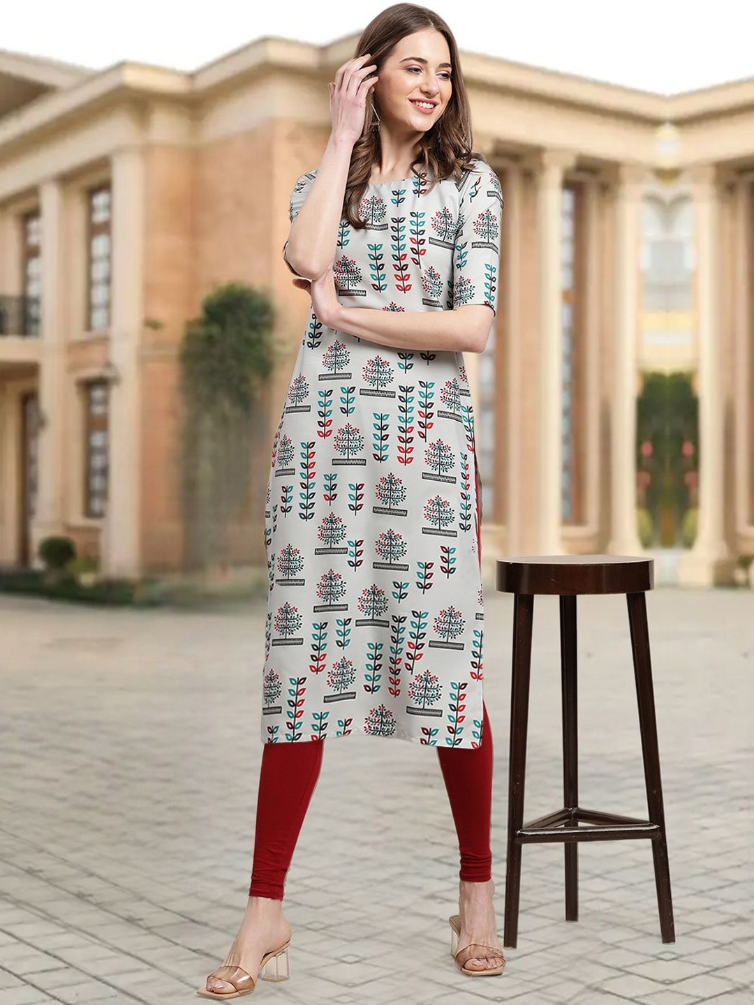 

7Threads Floral Printed Round Neck Straight Kurta, Grey