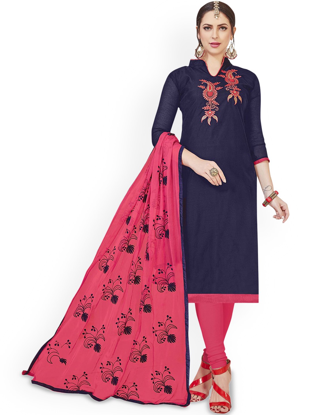 

HERE&NOW Floral Embroidered Unstitched Dress Material, Blue