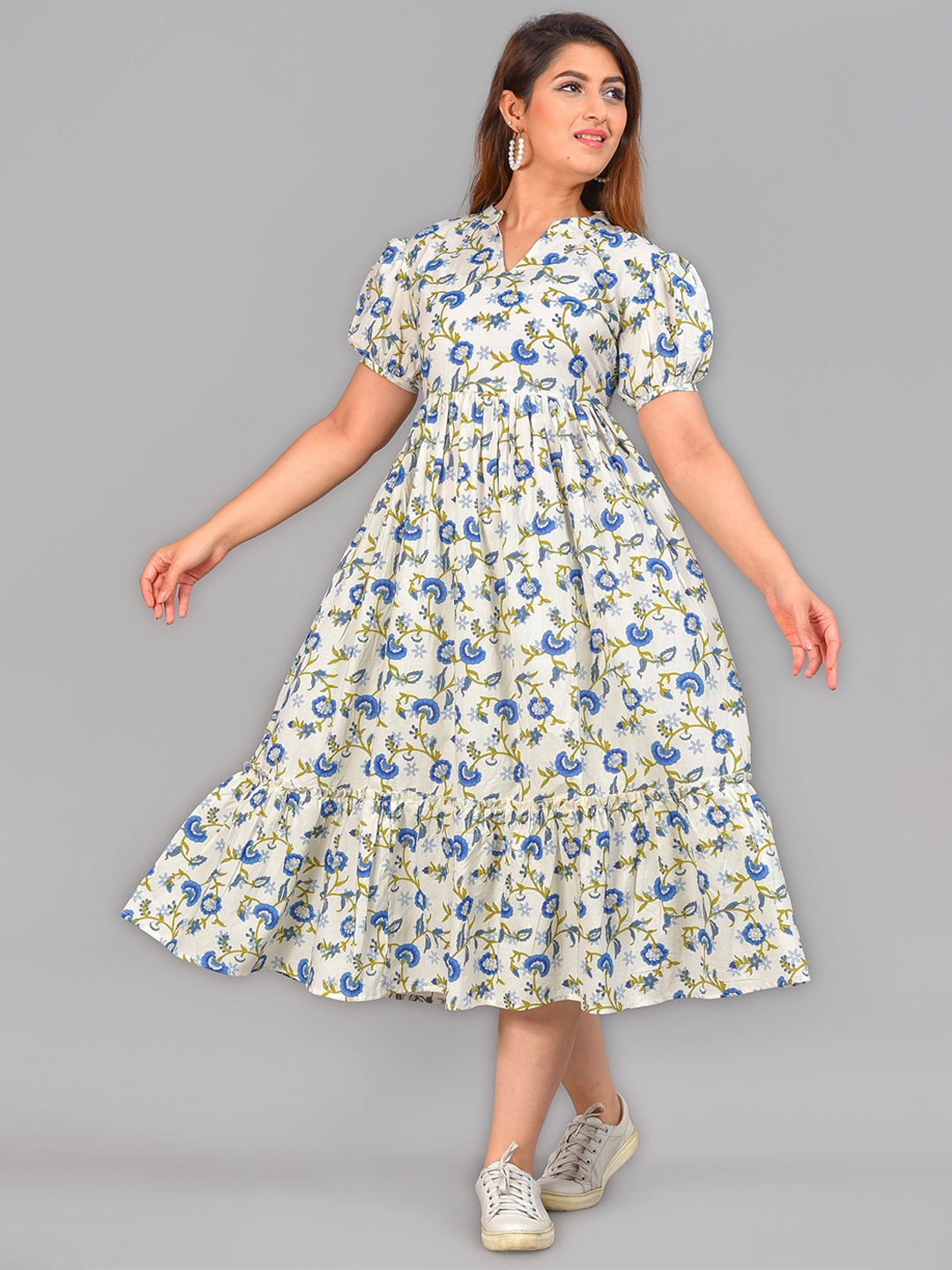 

Twirl Tales Floral Print Puff Sleeve Empire Midi Dress, Yellow