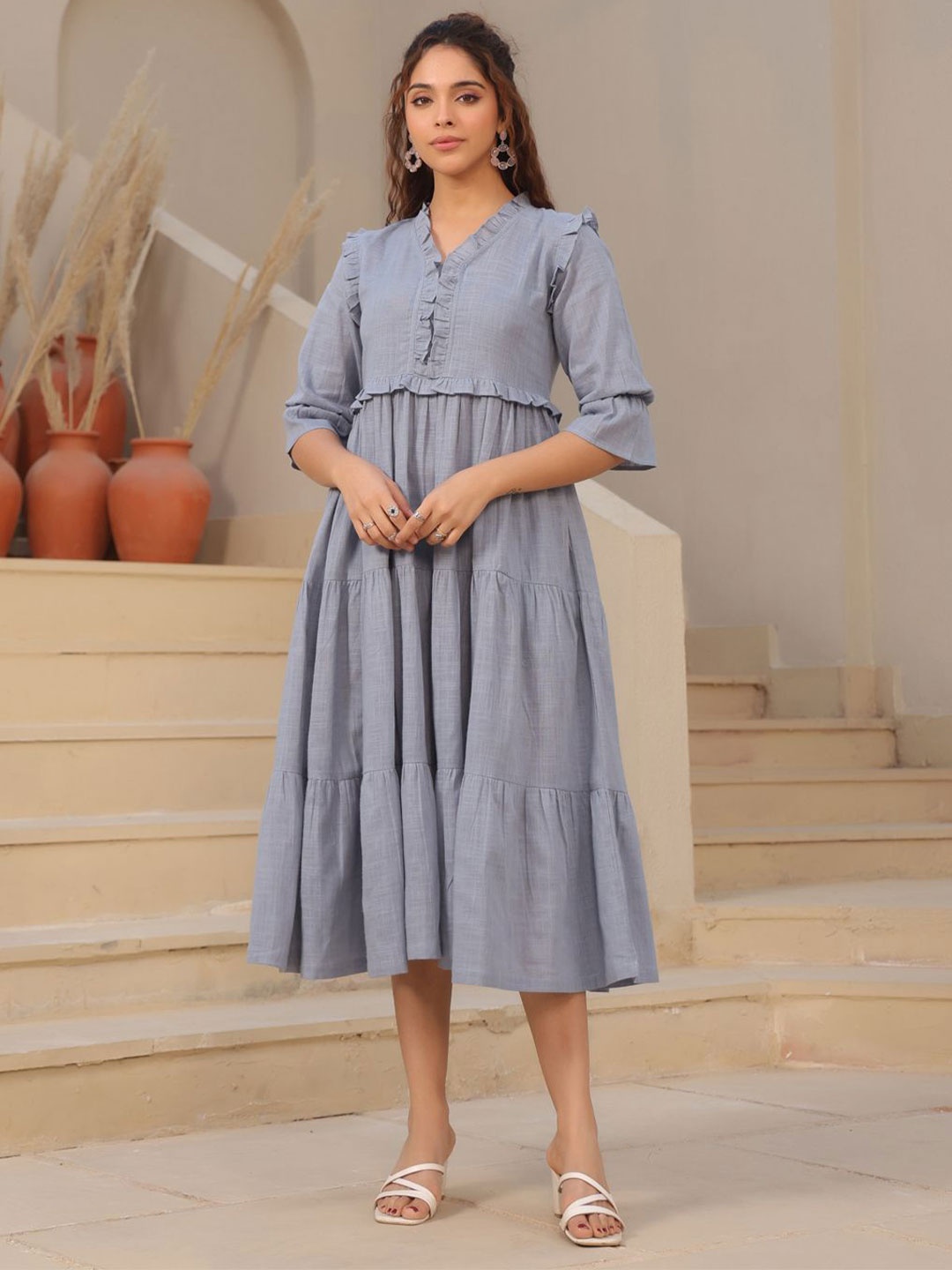 

Rain & Rainbow V-Neck Bell Sleeves Pure Cotton Tiered Fit & Flare Midi Dress, Blue