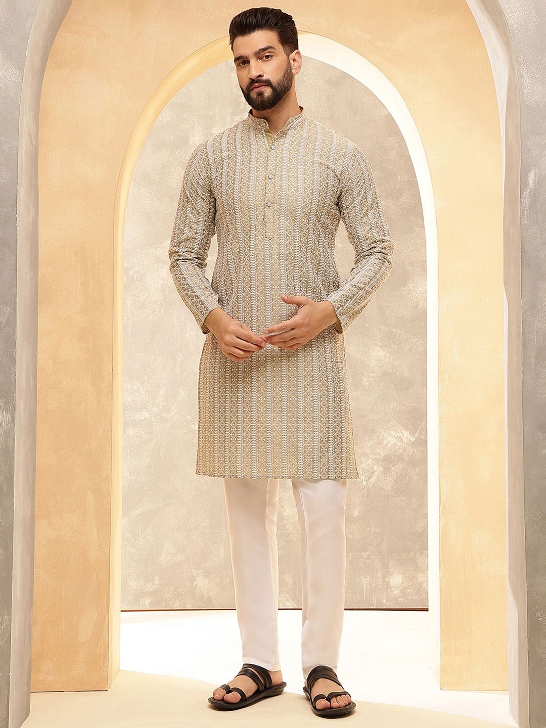 

Anouk Beige Geometric Embroidered Mandarin Collar Pure Cotton Straight Kurta With Pyjamas