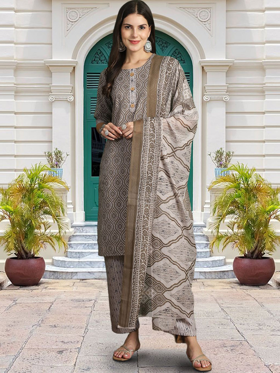 

Moda Rapido Ethnic Motifs Printed Round Neck Straight Kurta With Trouser And Dupatta, Grey