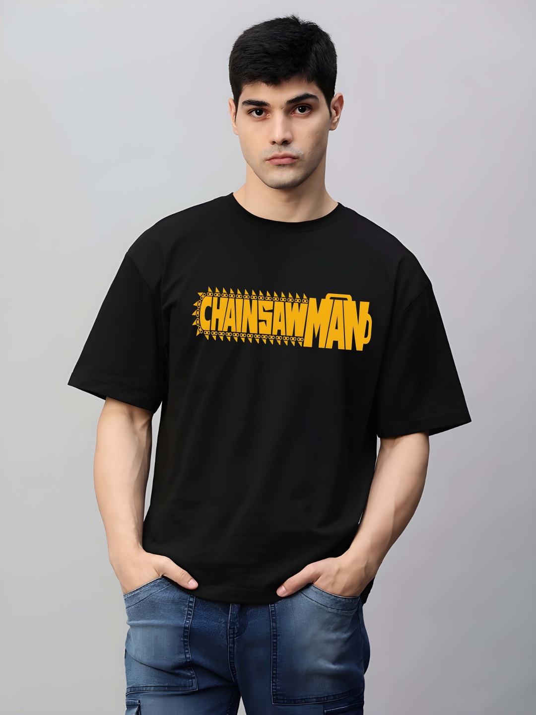 

BOWLIFESTYLE Men Graphic Printed Round Neck Cotton Oversized T-shirt, Black