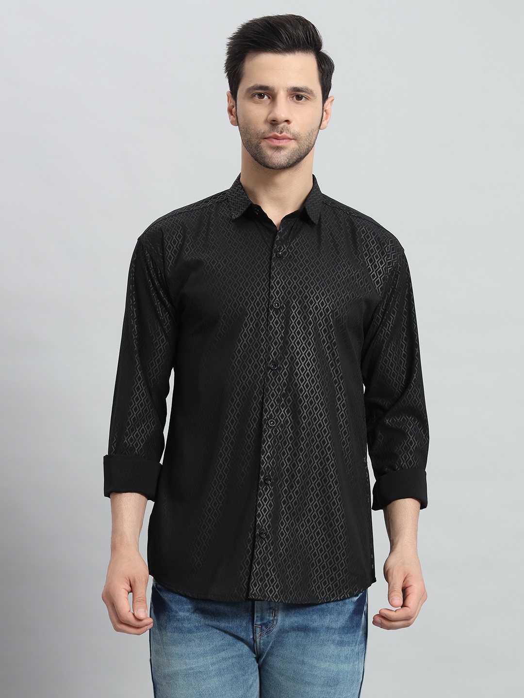 

BAESD Men Premium Slim Fit Opaque Printed Party Shirt, Black