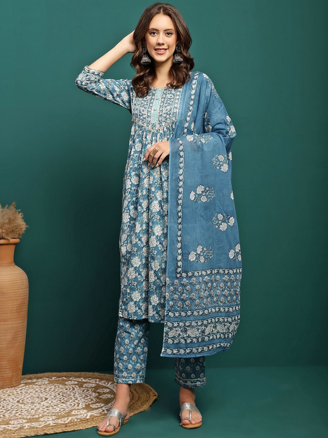 

Sangria Blue Floral Printed Gotta Patti Pure Cotton A-Line Kurta With Trouser & Dupatta