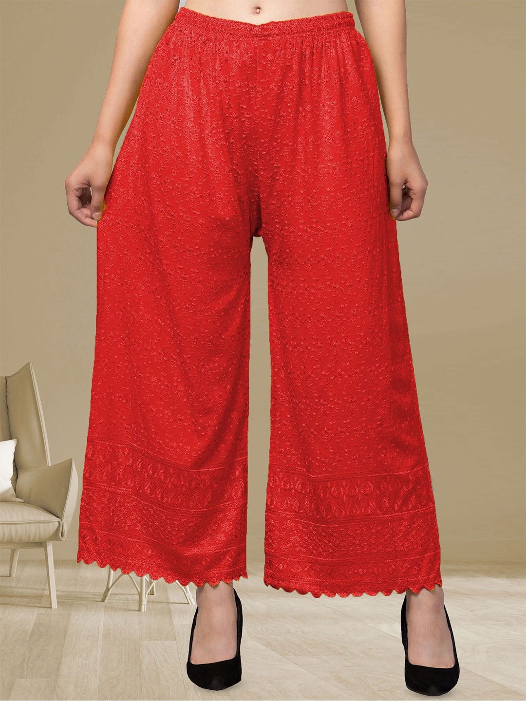 

FAMBEE Women Flared Knitted Palazzos, Red
