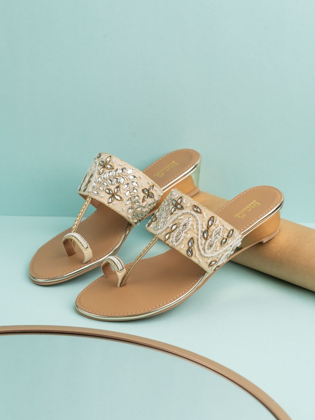 

Inc 5 Women Ethnic Embellished One Toe Wedge Sandals, Gold