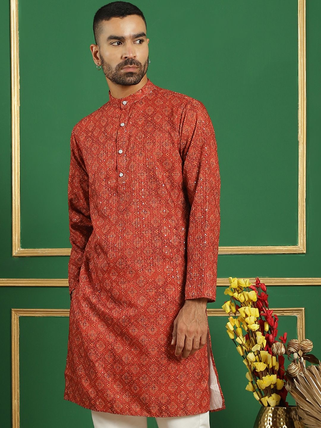 

Anouk Red Ethic Motifs Printed Pure Cotton Sequence Band Collar Straight Kurta