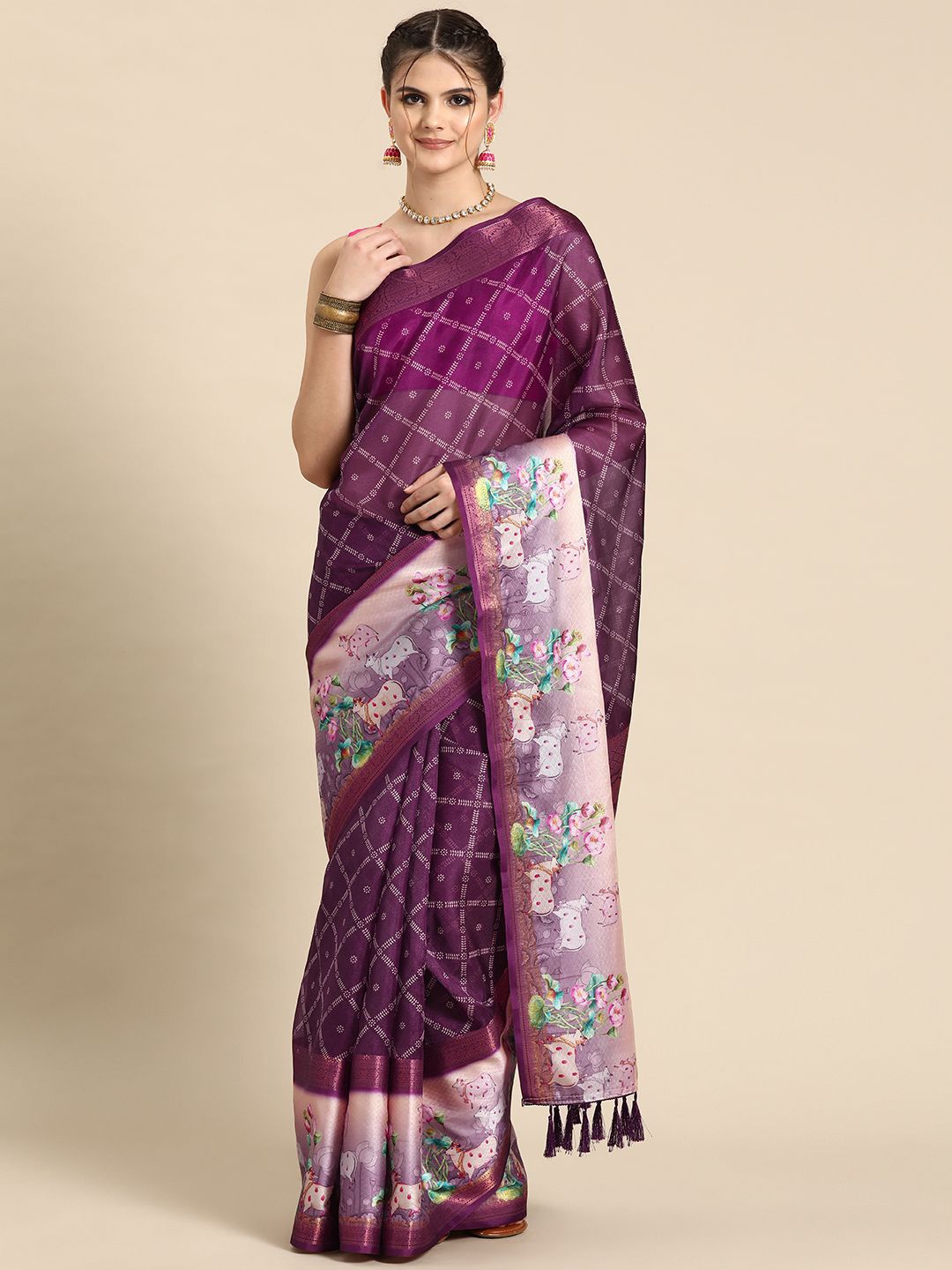 

DIVASTRI Kanjivaram Silk Pichwai Digital Printed Saree with Woven Border & Pallu, Purple