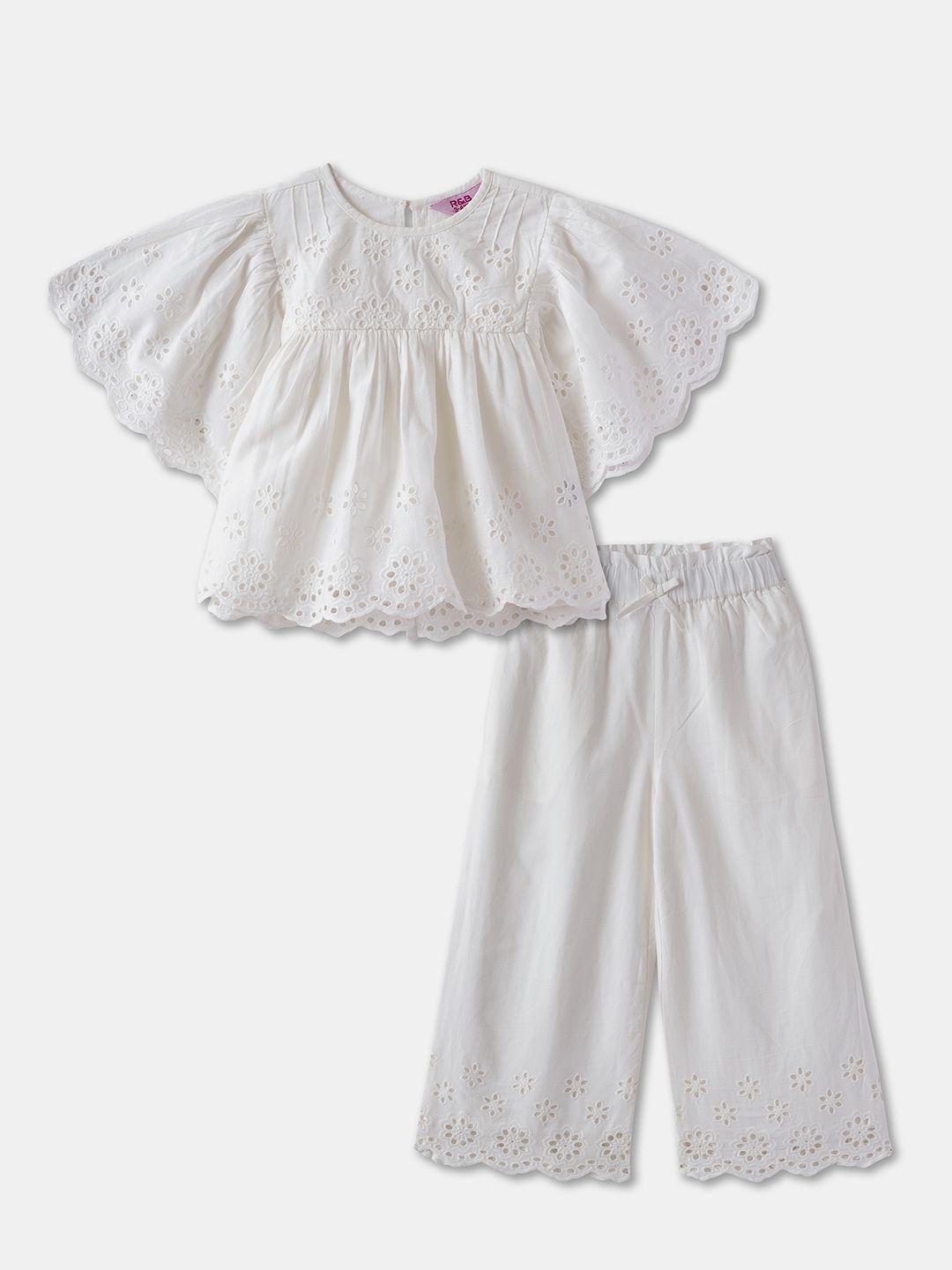 

R&B Girls Self-Design Round Neck Top with Trousers Co-ords, White