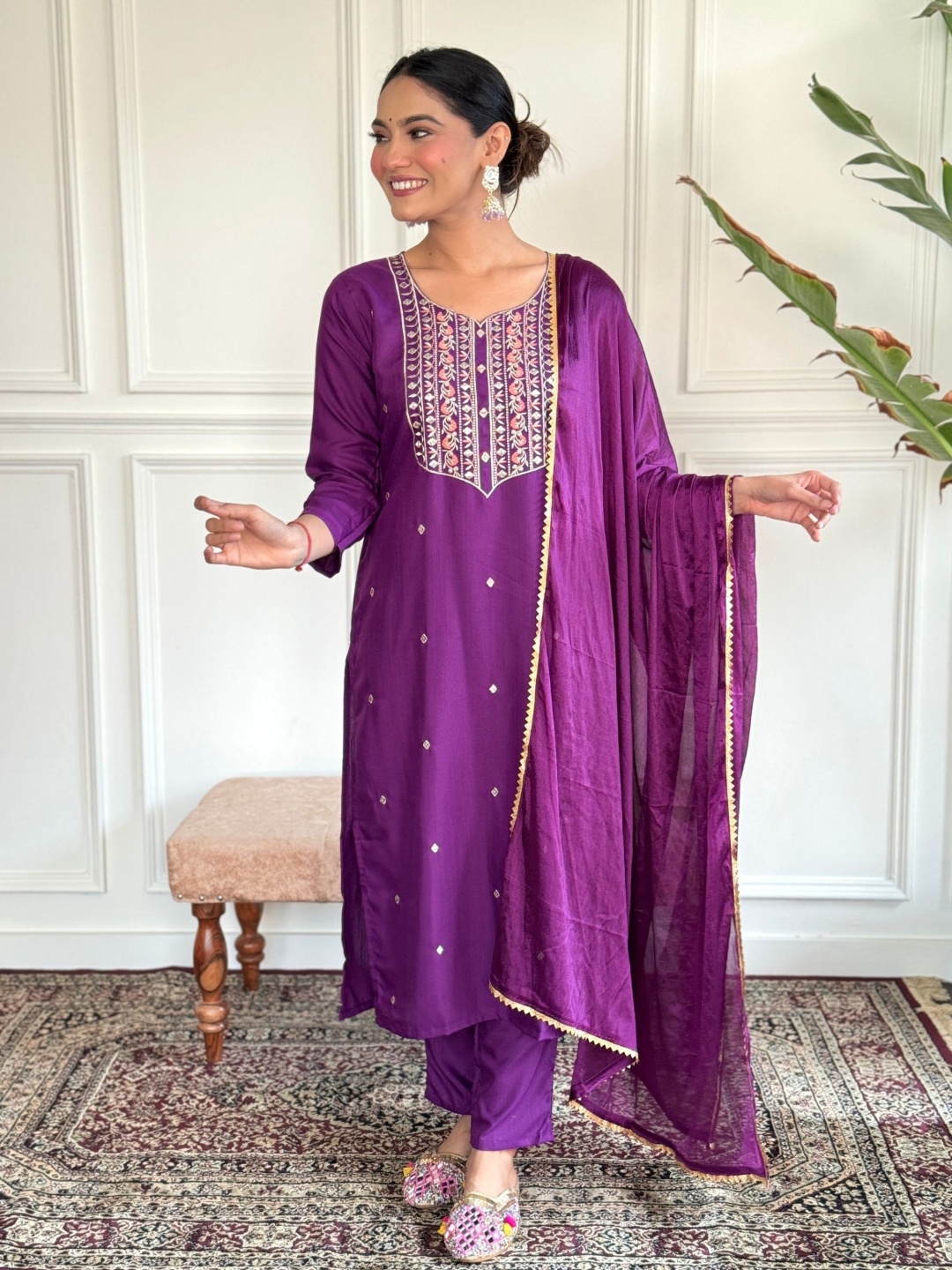 

KALINI Floral Embroidered Notch Neck Straight Kurta With Trousers & Dupatta, Purple