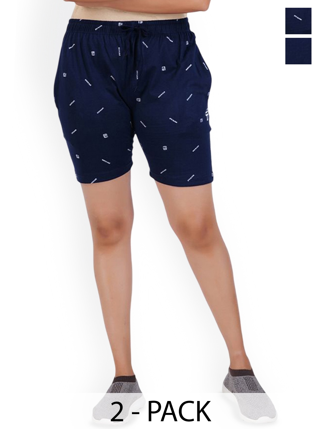 

FEEL TRACK Women Pack Of 2 Mid-Rise Printed Shorts, Navy blue