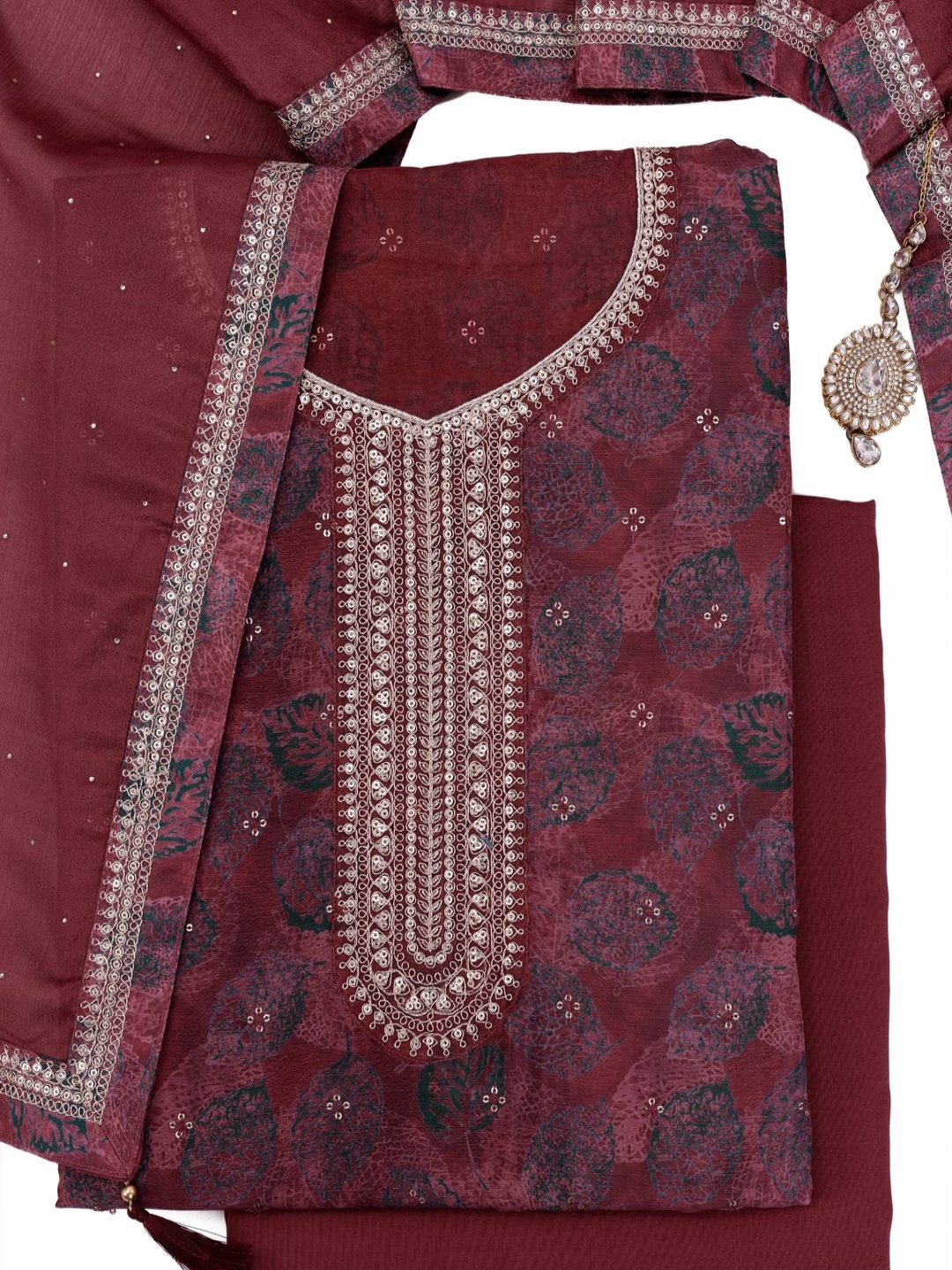 

KULEESH Floral Embellished Semi-Stitched Dress Material, Maroon