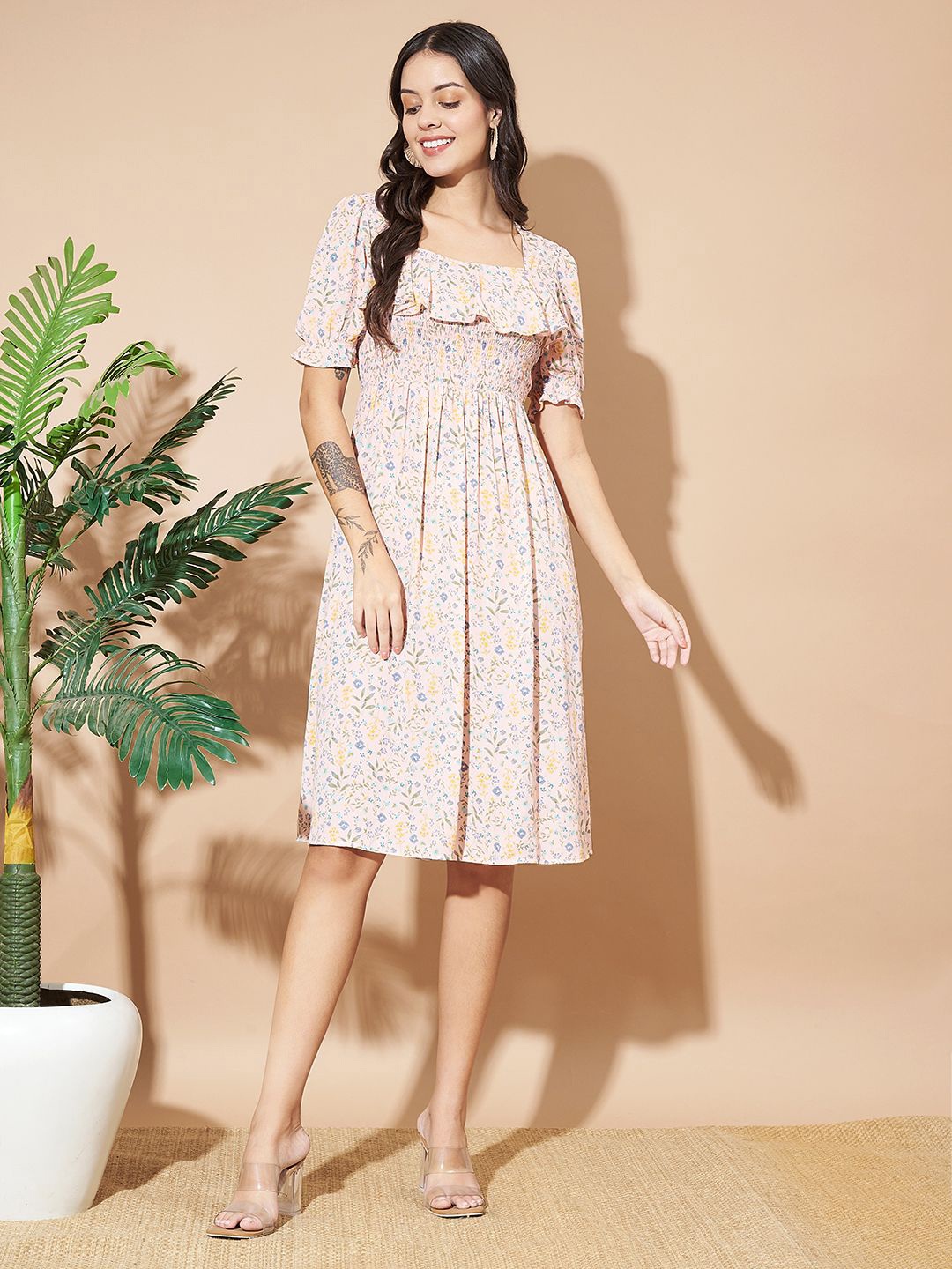 

Moda Rapido Floral Print Puff Sleeve Georgette A-Line Midi Dress, Peach