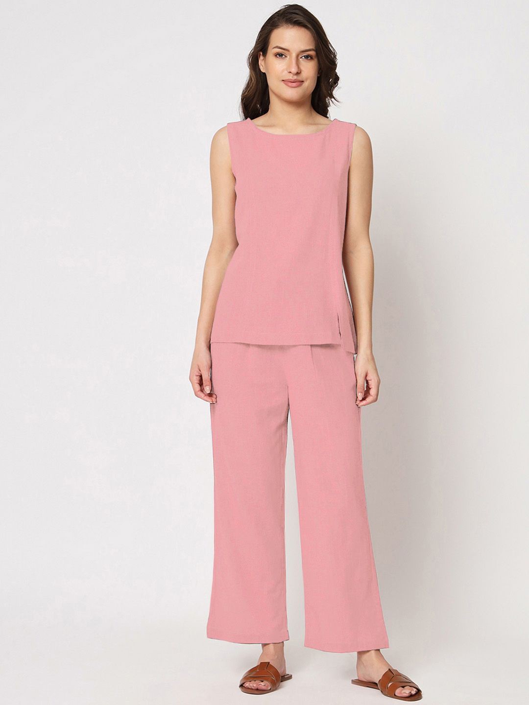 

Thevasa Pinkmist Round Neck Sleeveless Pure Cotton Top With Trouser, Pink