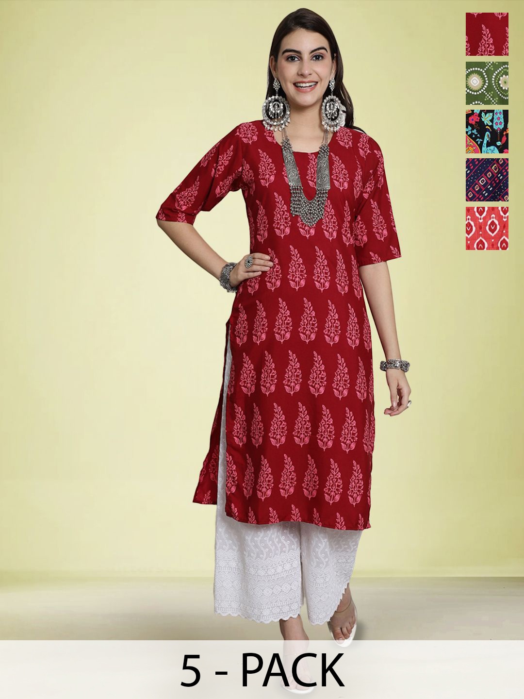 

Moda Rapido Selection Of 5 Ethnic Motifs Printed Round Neck Straight Kurtas, Red