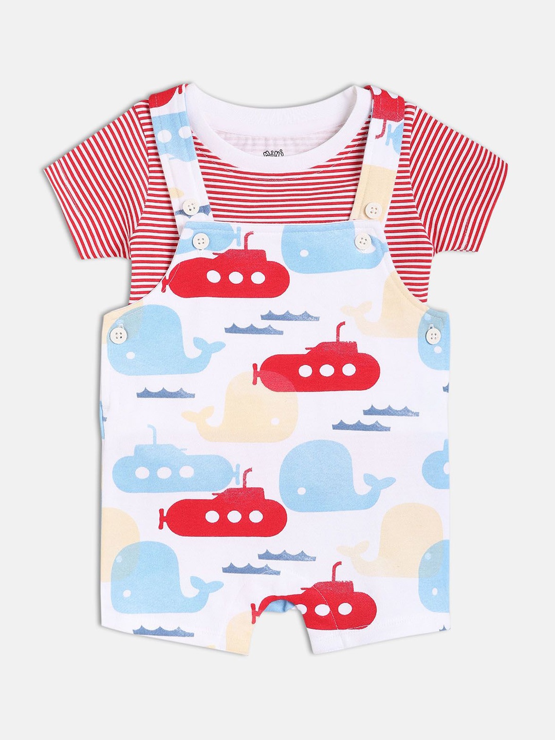 

MINI KLUB Boys Submarine Printed Cotton Dungaree, White