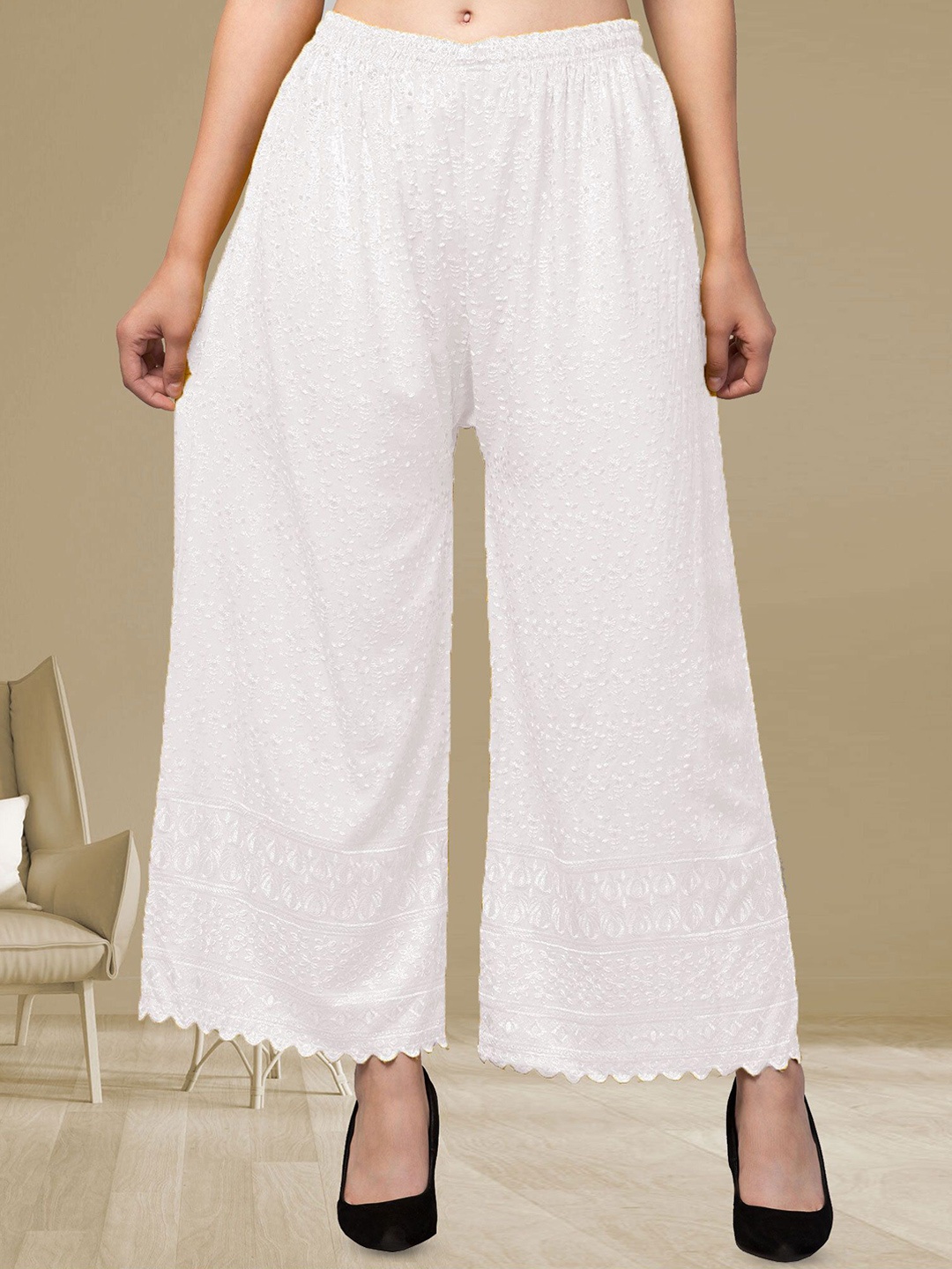 

FAMBEE Women Flared Knitted Palazzos, White
