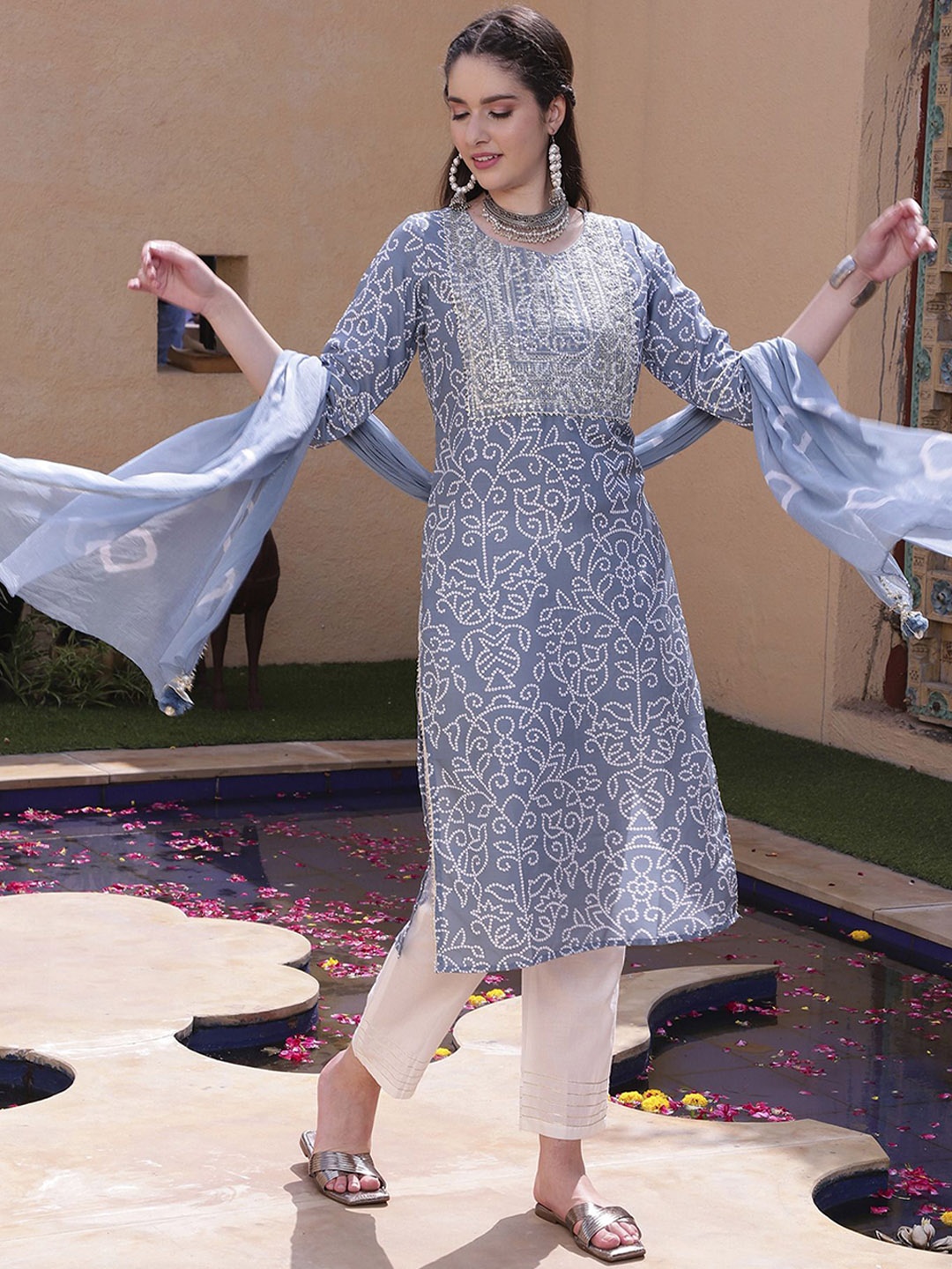 

Sangria Grey Bandhani Printed Embroidered Straight Kurta With Trousers And Dupatta
