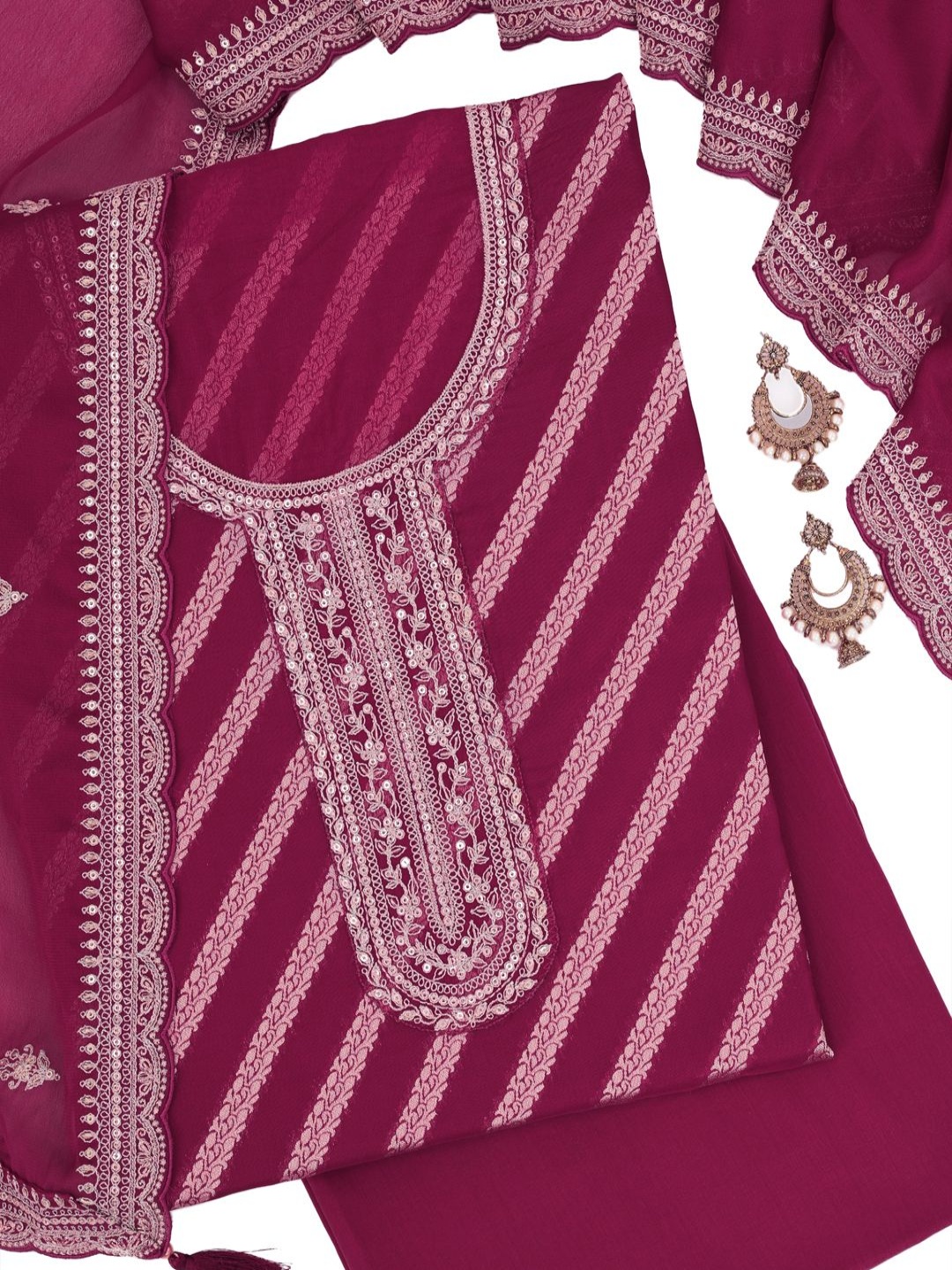 

KULEESH Striped Zari Organza Jacquard Semi-Stitched Dress Material, Maroon