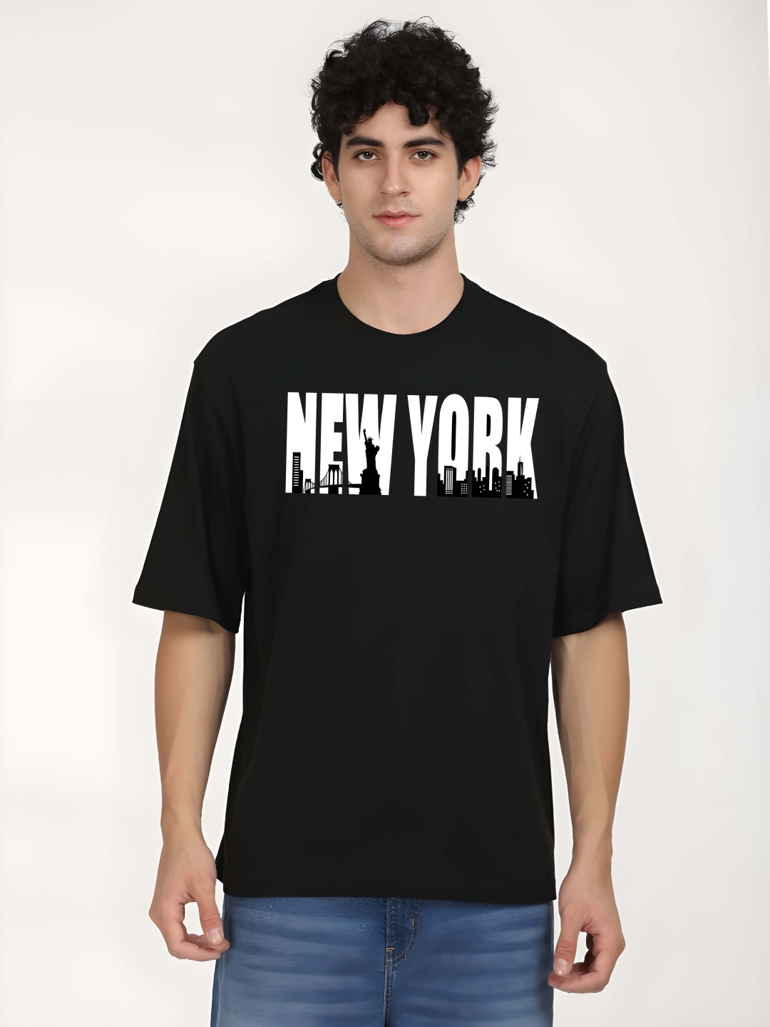 

BOWLIFESTYLE Men Graphic Printed Round Neck Cotton Oversized T-shirt, Black