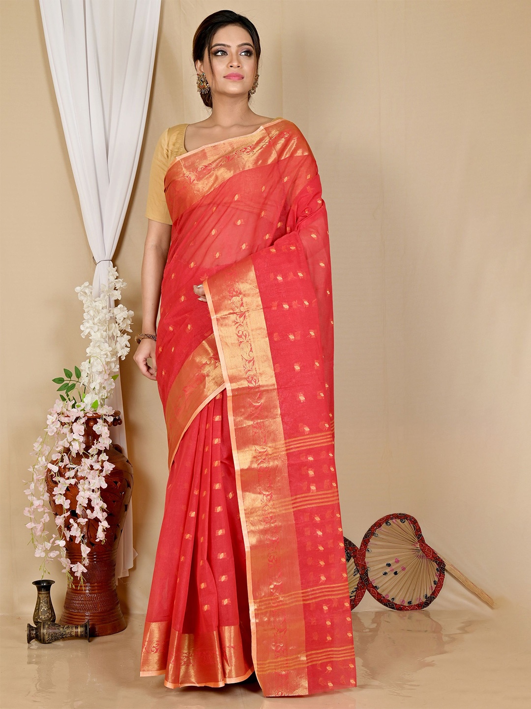 

PuJoy Woven Design Zari Pure Cotton Taant Saree, Red