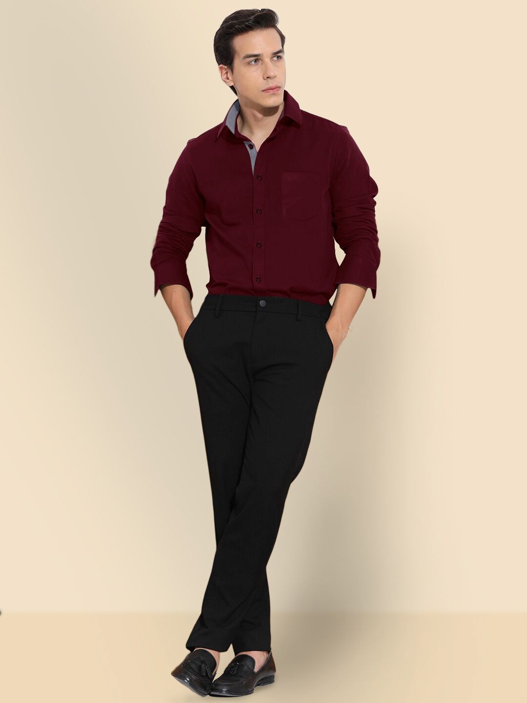 

SZN Men Standard Fit Spread Collar Solid Cotton Formal Shirt, Maroon