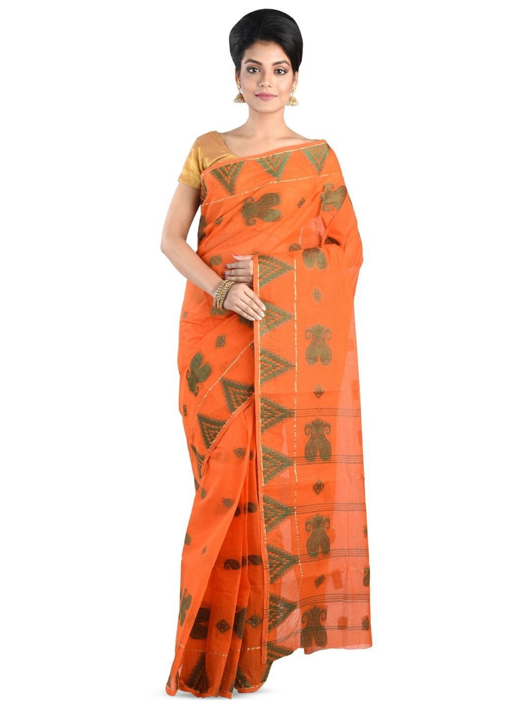 

RAJ SAREE HOUSE Woven Design Pure Cotton Jamdani Saree, Orange