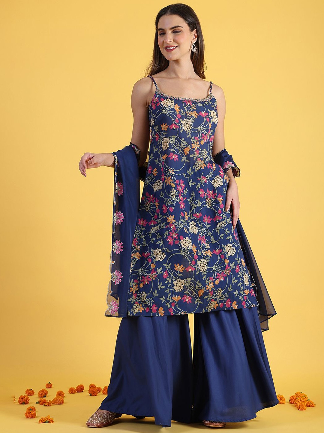 

W Blue Floral Printed Shoulder Straps Straight Kurta With Sharara And Dupatta