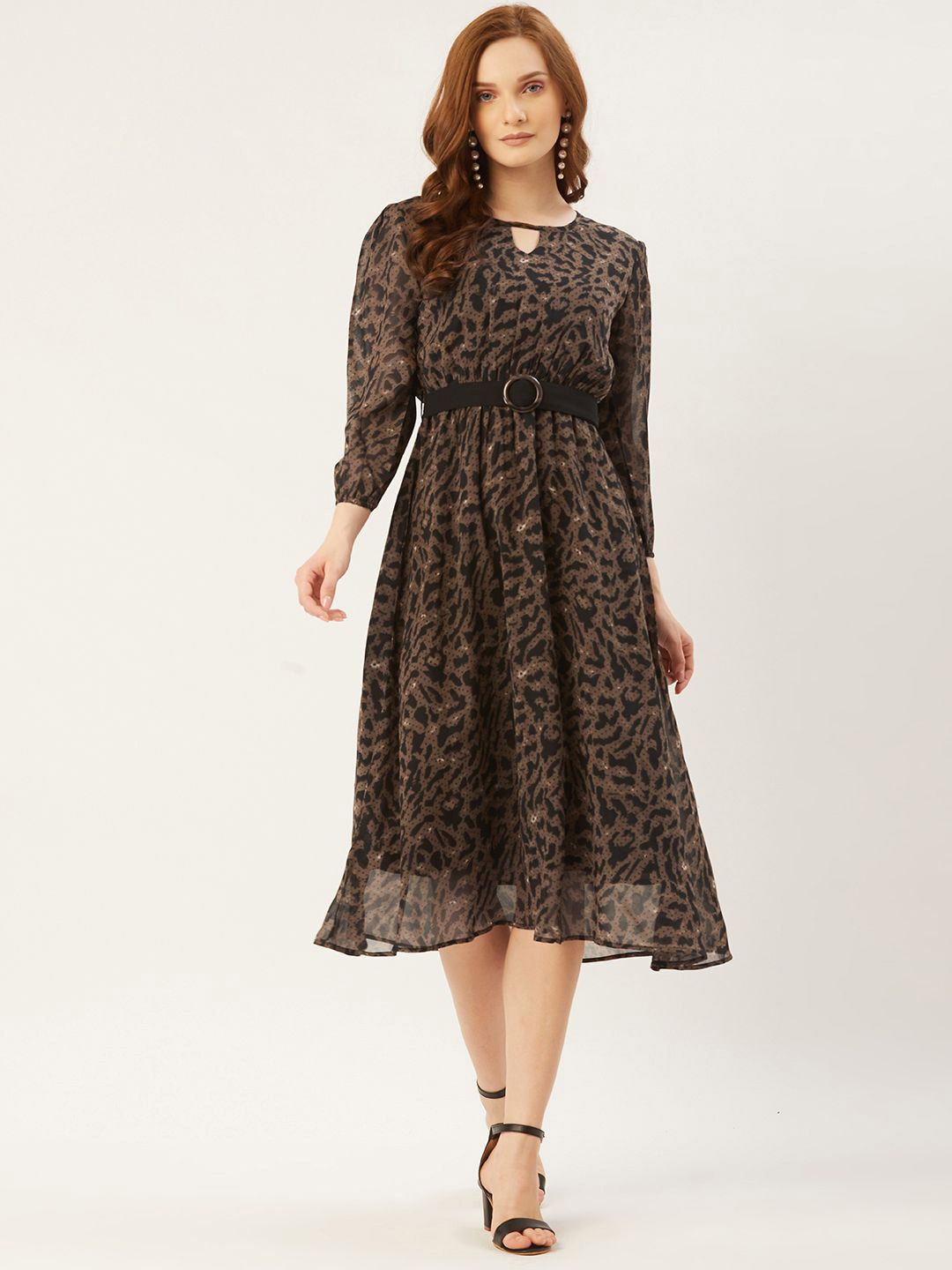 

Moda Rapido Print Keyhole Neck Puff Sleeve Georgette A-Line Dress, Brown