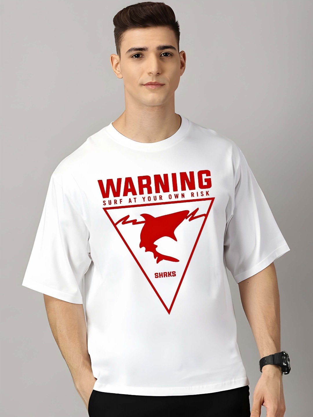 

BOWLIFESTYLE Men Graphic Printed Round Neck Cotton Oversized T-shirt, White