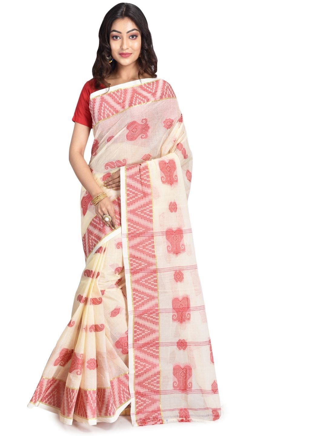 

RAJ SAREE HOUSE Women Ethnic Motifs Pure Cotton Jamdani Saree, White