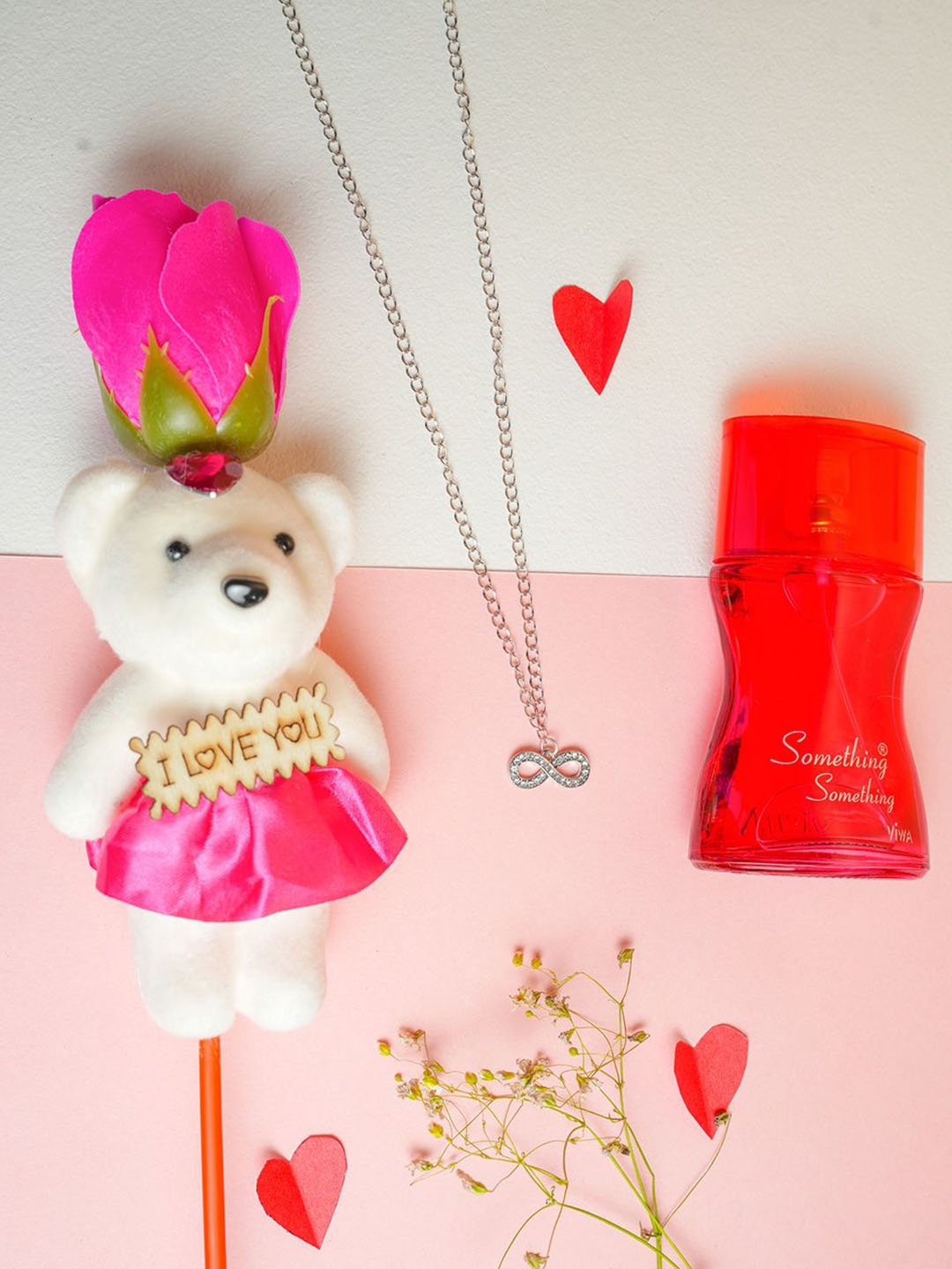

VIRAASI Set Of 3 Valentine Teddy With Chain And Perfume Gift Set, Silver