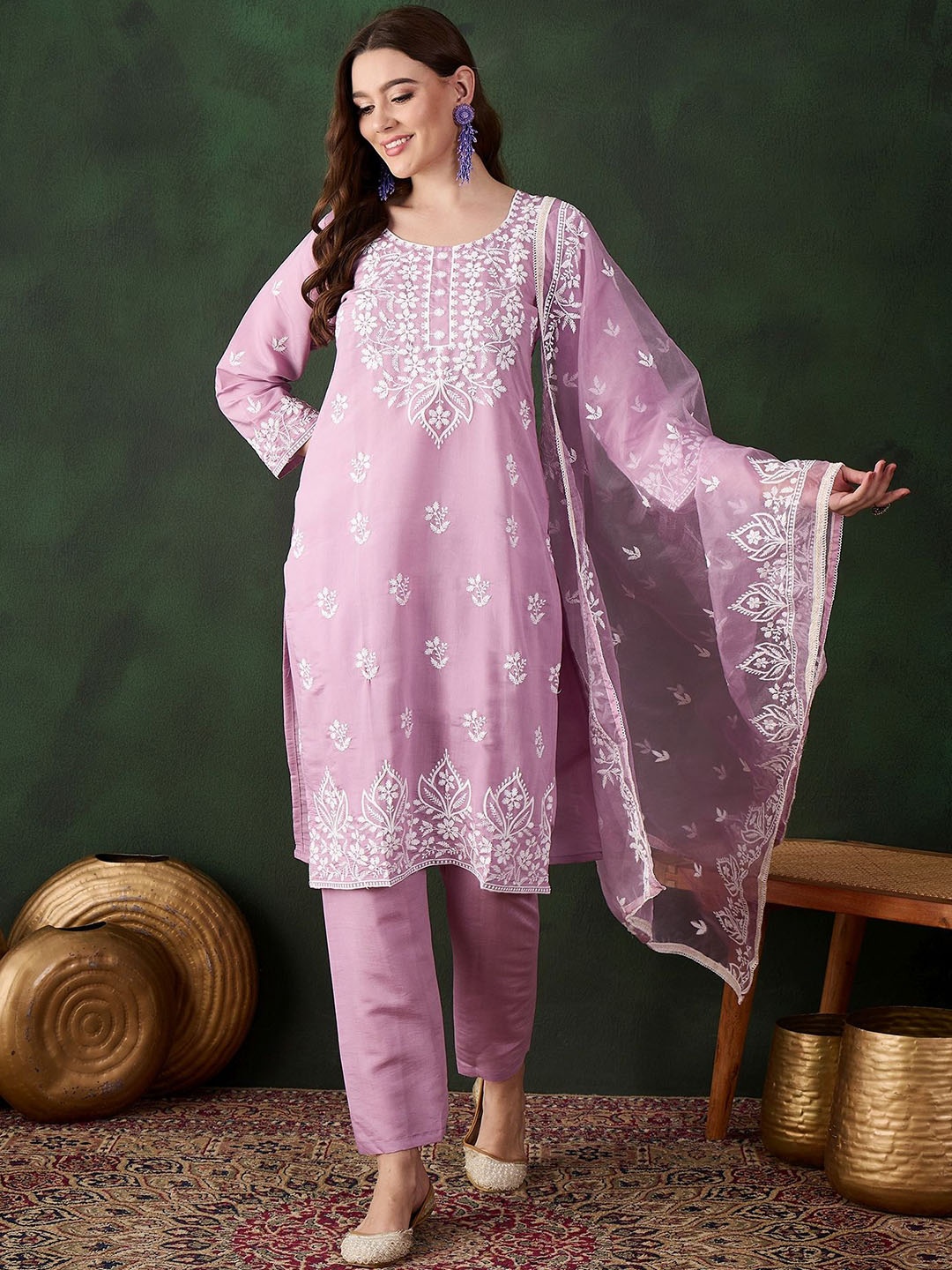 

KALINI Women Floral Embroidered Regular Chikankari Kurta with Trousers & With Dupatta, Lavender