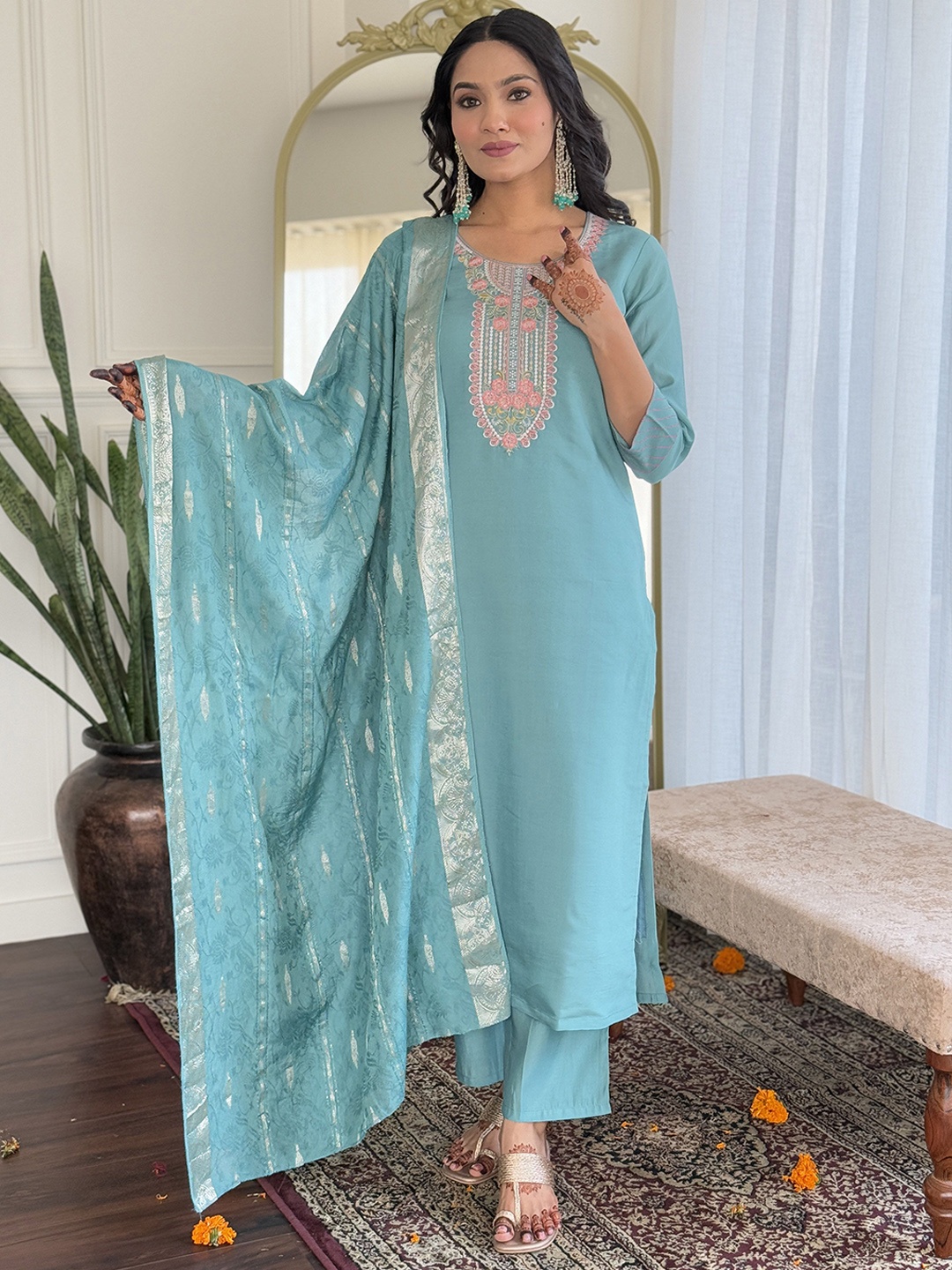 

Fashion Care Navlik Floral Embroidered Chanderi Silk Straight Kurta With Trouser & Dupatta, Turquoise blue