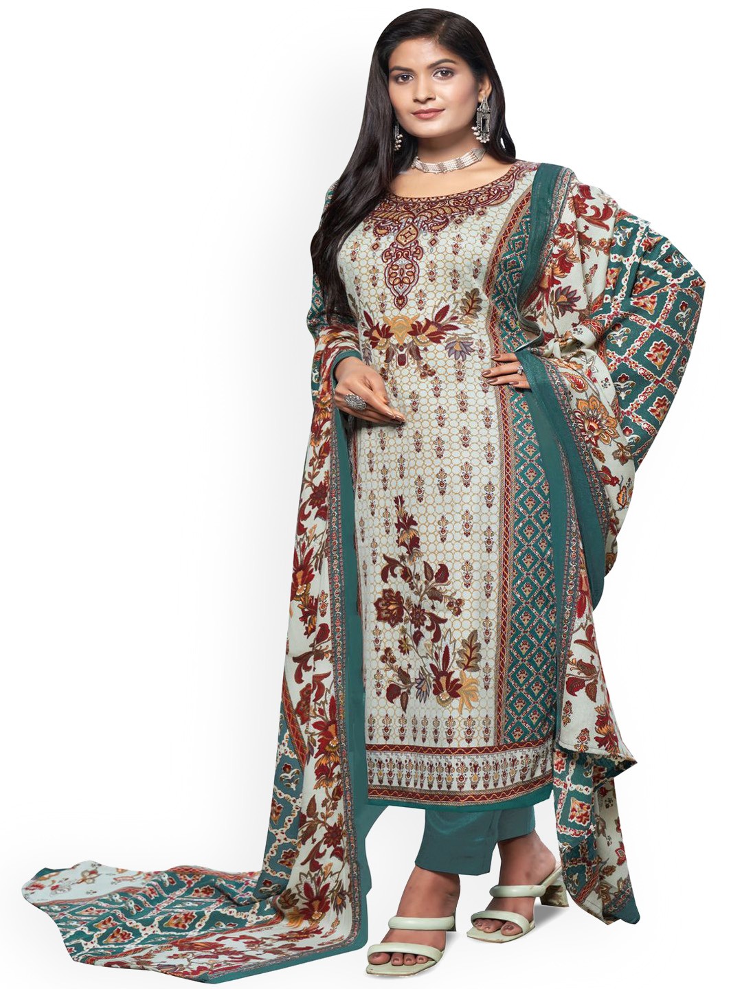 

DRAVINAM Trends Ethnic Motifs Printed Unstitched Dress Material, Cream