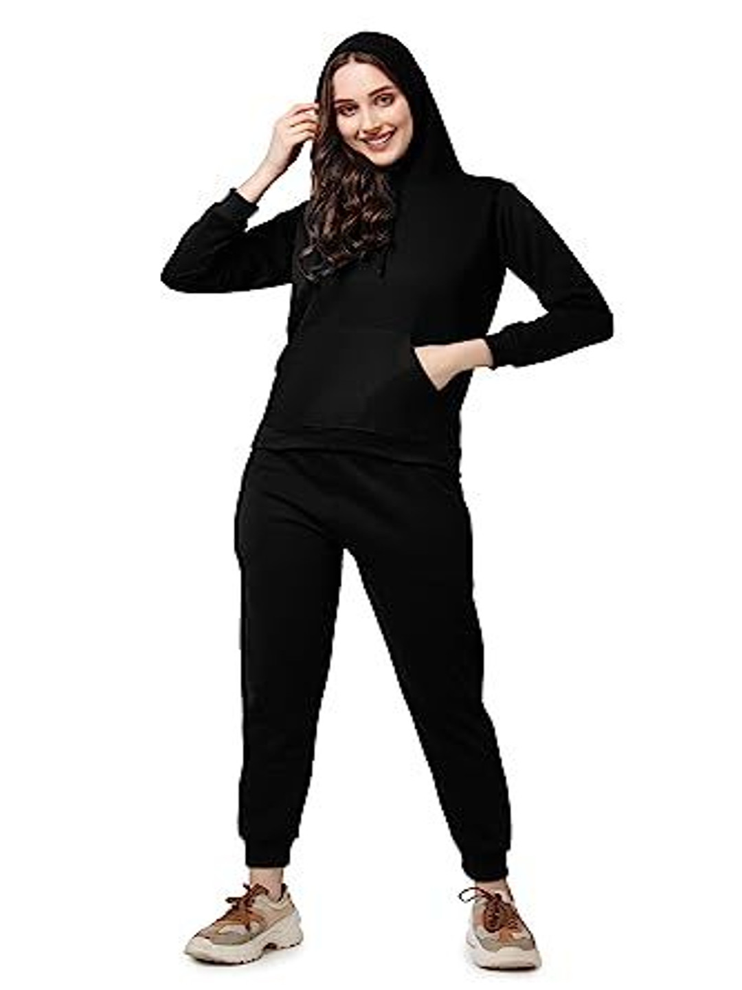 

NOTWILD Women Cotton Hooded Tracksuit, Black