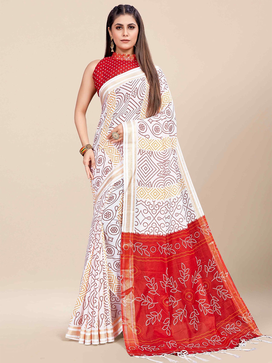 

HERE&NOW Ethnic Motifs Printed Zari Pure Cotton Saree, White